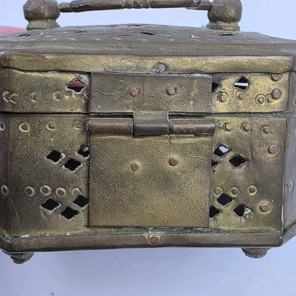 Antique Brass Cricket Box Octagon Ornate Pierced Metal Trinket Case